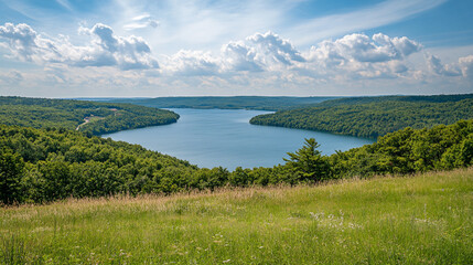 Scenic view of a tranquil lake surrounded by lush forest under a bright blue sky