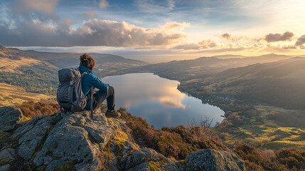 Fototapeta premium Hiker enjoying a tranquil sunset view over a serene lake surrounded by mountains