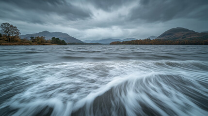 Obraz premium Dramatic waves crash on a serene lake surrounded by mountains under a stormy sky