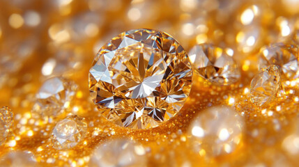 Fototapeta premium close up view of sparkling diamonds on golden background, showcasing their brilliance and clarity, perfect for luxury themes and invitations