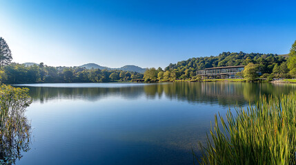 Calm lake surrounded by green hills and clear blue skies in a serene natural setting