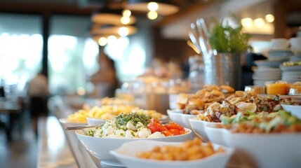 Abstract blur and defocused breakfast buffet at hotel restaurant interior for background with wide angle view Blurred bokeh light image background on coffee cafe shop or modern cafeter
