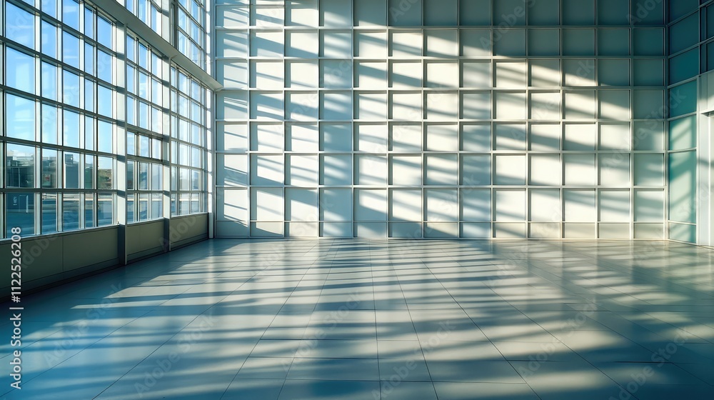 Poster window grid shadows casting strong, linear patterns across a smooth surface wall