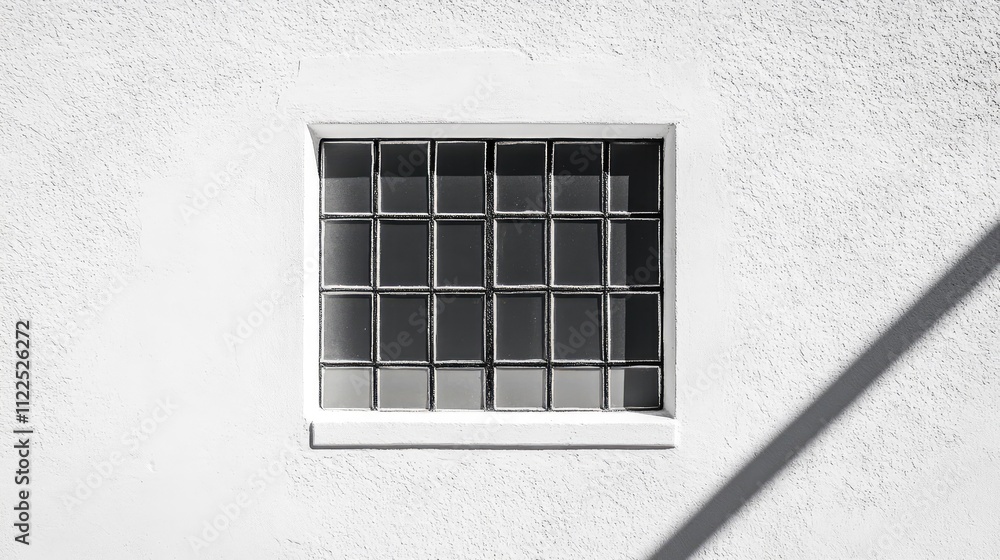 Poster window grid shadows casting strong, linear patterns across a smooth surface wall