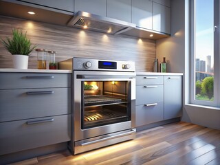 Fototapeta premium Sleek stainless steel built-in electric oven, closed door, showcasing modern kitchen design.