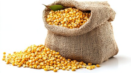 Bag full of maize with leaf isolated on white backdrop, png format.