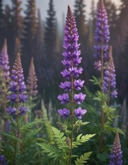 Obraz premium Tall purple lupine flower stem with leaves and seed pods , tall grasses, wild lupine perennis, flowering stems