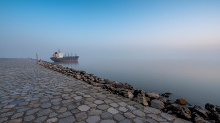 Misty Harbor  Cargo Ship at Dawn  Stone Quay  Calm Waters