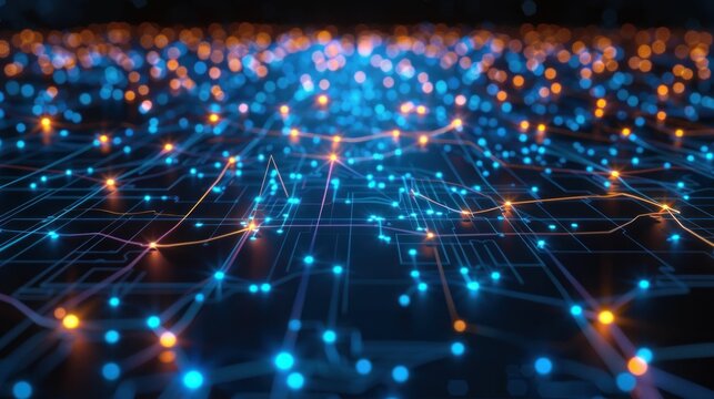 abstract technology background, digital network, glowing nodes, blue and orange lights, futuristic design, interconnected lines, data visualization, cyber connections, modern aesthetics, digital land