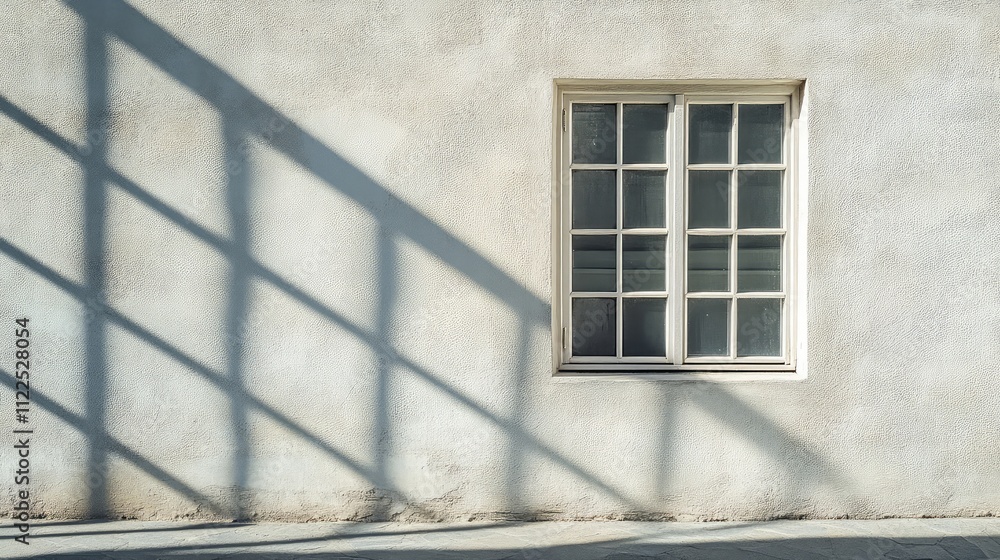 Poster window grid shadows casting strong, linear patterns across a smooth surface wall
