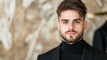 Stylish Young Man in Black Turtleneck and Blazer  Fashion Portrait