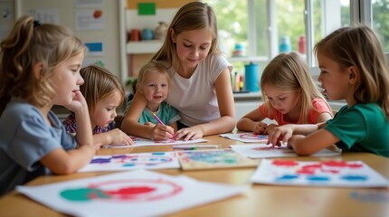 Young Girls Engaged in a Creative Art Session with a Teacher's Guidance