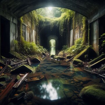 Sunken Secret A stream hidden beneath a forgotten bridge or aban