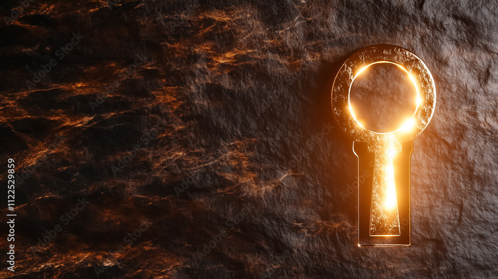 Poster light streams through a vintage key hole, casting an alluring glow on the textured surface, evoking 