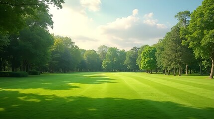 Obraz premium Serene Green Golf Course Fairway on a Sunny Day, Lush Trees, and Blue Sky, with Sunbeams Filtering Through the Canopy