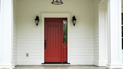 Elegant Red Front Door on a White House with Black Lanterns and White Columns