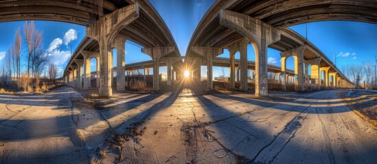 Obraz premium Sun setting under highway overpass.