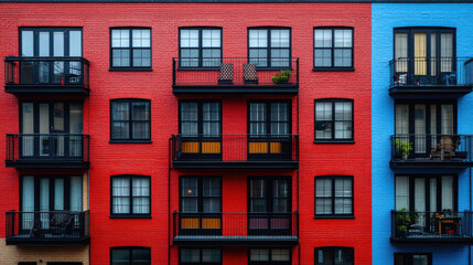 Obraz premium Brightly colored apartment building with red and blue walls, featuring balconies and windows. design showcases modern urban aesthetic, perfect for vibrant city living