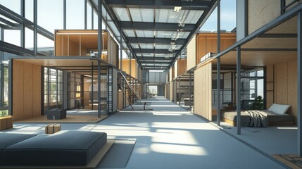 Obraz premium Modern interior of a minimalist building with wooden structures and open space design.
