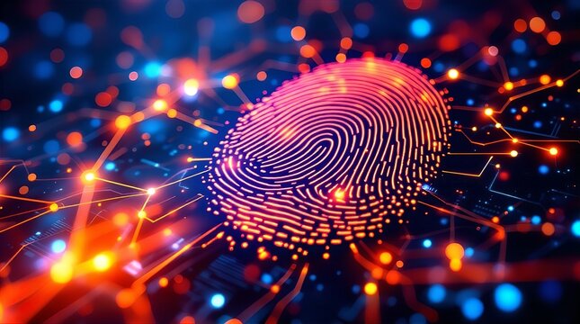 Abstract Fingerprint on Circuit Board: Digital Security and Biometric Authentication in Neon Lights
