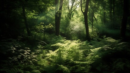 Obraz premium Sunlit Forest Path Through Lush Green Ferns