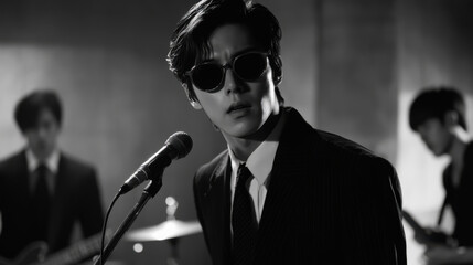 black and white photograph of man wearing sunglasses, performing on stage with band. atmosphere is intense and dramatic, capturing essence of live music