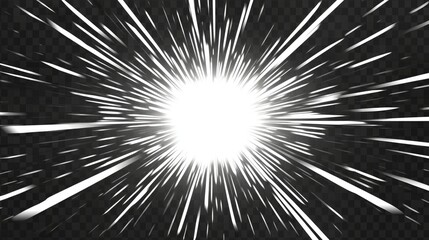 Obraz premium Abstract comic book flash explosion radial lines on transparent background. Vector illustration superhero design. Bright black light strip burst. Flash ray blast glow. Speed lines Manga frame. Anime.
