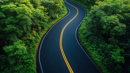 Fototapeta premium Winding road through lush green forest, showcasing nature beauty and tranquility. Perfect for outdoor enthusiasts and nature lovers