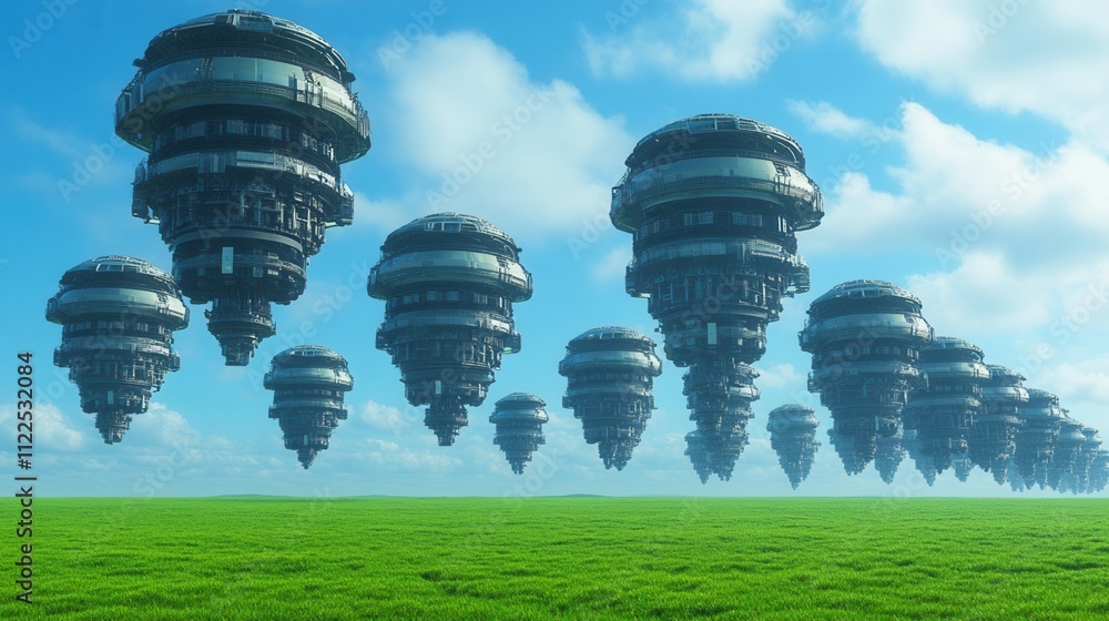 Poster futuristic hovering structures float above a vibrant green landscape under a clear blue sky, creatin