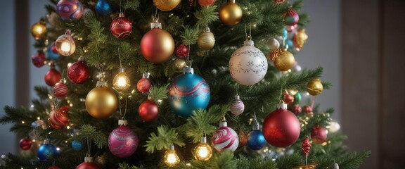 Decorated evergreen tree with colorful ornaments, colorful ornaments, decorated evergreen tree, holiday decor