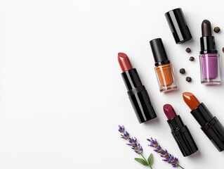Obraz premium Lipstick collection with natural ingredients like aloe vera and lavender, placed with small herbal bottles
