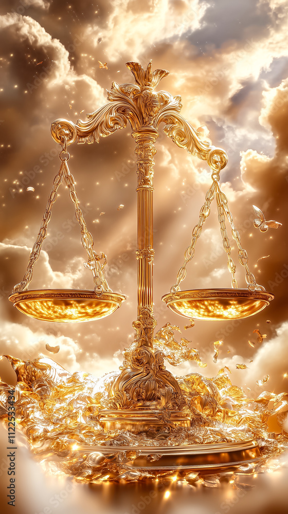 Poster golden scales float in a heavenly space, illuminated by warm light and soft clouds, symbolizing just