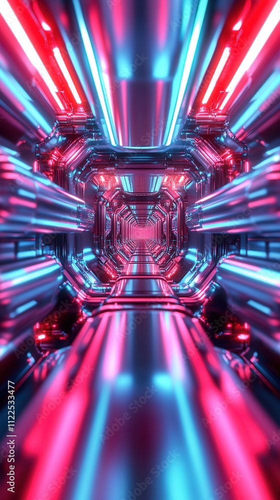 Poster a futuristic tunnel illuminated with vibrant blue and red lights, creating a dynamic and immersive d