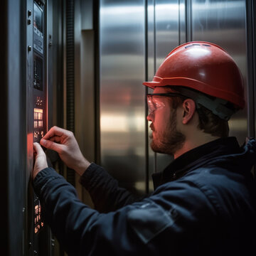 professional man in hard hat calibrating elevator control panel, focused on his task. environment is industrial, showcasing modern technology and safety measures