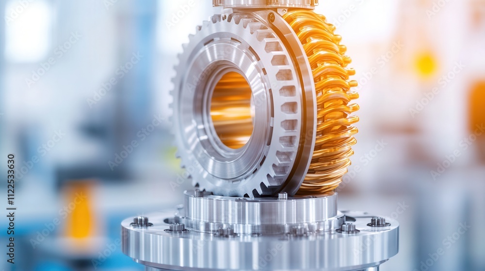 Poster a close-up of a metallic gear assembly with intricate details, showcasing engineering precision and 