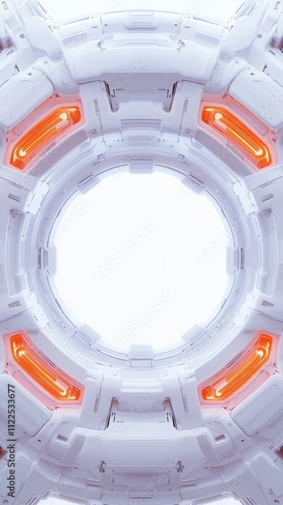 Poster a futuristic, circular design featuring a white structure with glowing orange elements, centered on 