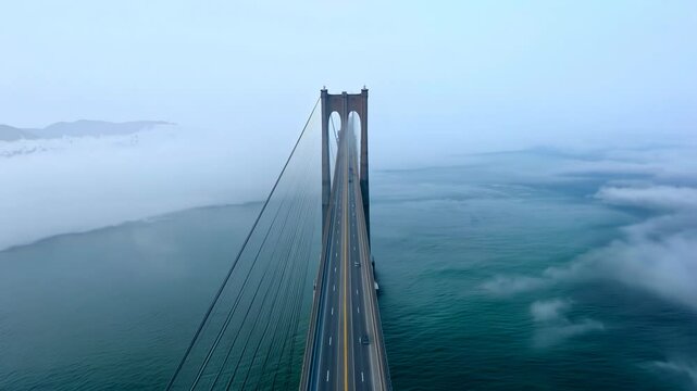 Bridge over the river in morning fog. Abstract suspension bridge on natural landscape with aerial view