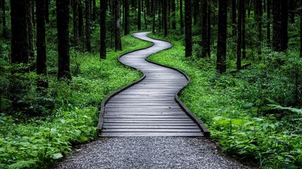 Obraz premium Winding Wooden Walkway in Lush Green Forest Nature Trail Serenity Hiking Path