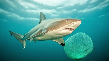 Obraz premium Grey Reef Shark Swimming Near Fishing Net Ocean Wildlife Underwater Scene
