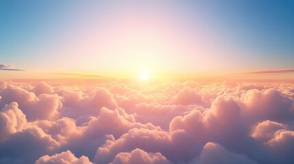 Fototapeta premium A breathtaking sunrise illuminates fluffy clouds against a serene blue sky, creating a tranquil and uplifting atmosphere.