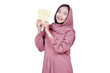 Asian muslim woman giving money envelope for thr or zakat fitrah isolated transparent