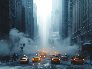 Obraz premium A city street shrouded in toxic smog with murky air. People wear masks to protect themselves from pollution, conveys chaos and health risks, ideal for articles on urban pollution and the environment.