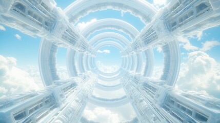 Obraz premium A surreal, ethereal scene featuring circular structures emerging from fluffy clouds against a bright blue sky.