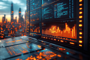 Futuristic financial data analysis on high-tech digital display.