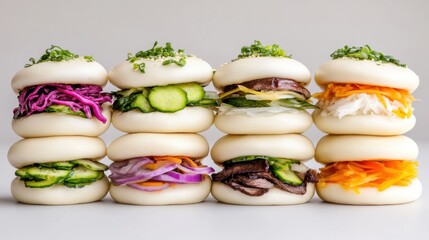 A colorful arrangement of steamed buns filled with various vegetables and garnished, showcasing a delightful fusion of flavors.