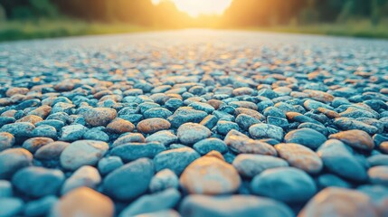 Fototapeta premium Minimalist road with faint glimmers of light reflecting off scattered pebbles, pebble reflections, tiny details
