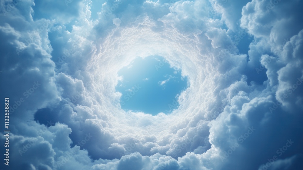 Poster a serene view of a circular opening in fluffy clouds, revealing a bright blue sky, creating a tranqu