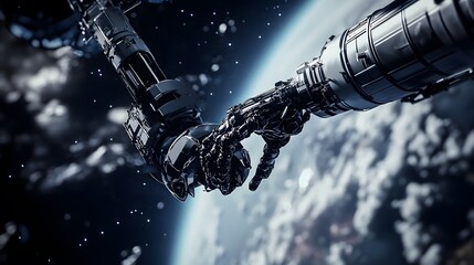 Fototapeta premium Orbital cleanup illustration depicting a futuristic spacecraft removing debris from Earth's orbit, emphasizing the importance of space sustainability and environmental responsibility.