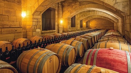 Vintage Wine Cellar  Oak Barrels  Bottles  Stone Walls  Winemaking  Winery  Rustic  Tradit