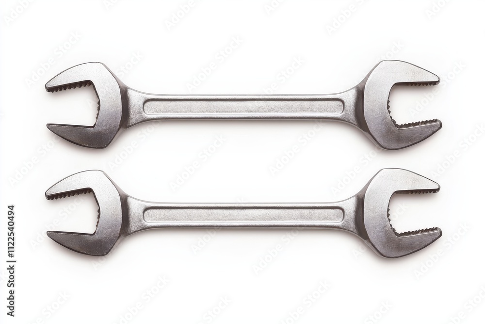 Poster two metallic wrenches, positioned parallel, showcasing their open-end design, ideal for various mech